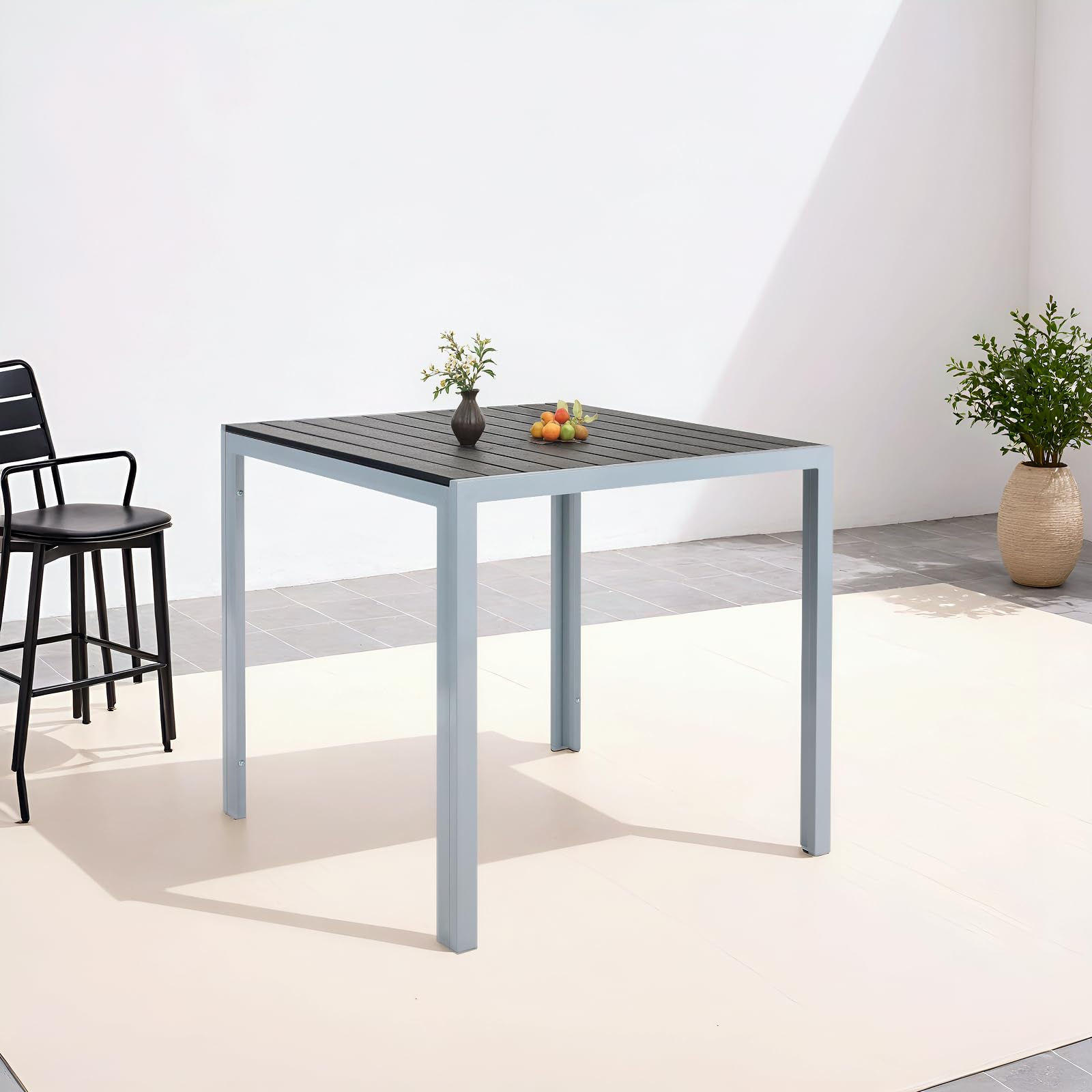 Clevich Gartentisch Wetterfeste, 75x75cm, Outdoor-Esstisch, WPC-Balkontisch, Aluminiumrahmen, Wetterfeste Gartenmöbel, quadratischer Terrassentisch, Silber Grau