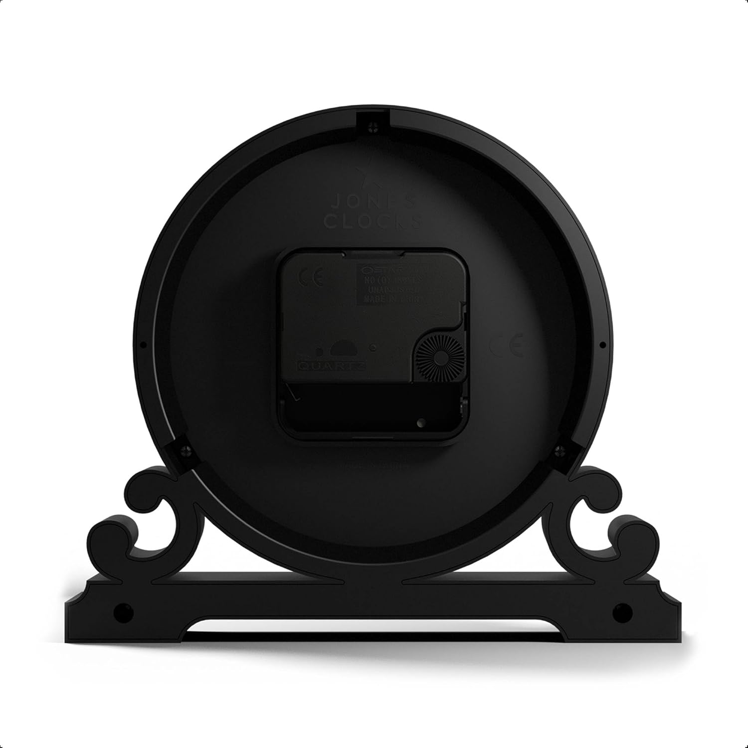 JONES CLOCKS® Saloon Mantel Clock | Small Traditional Double Scroll Design | Black | Roman Numerals | Classic Style for Desk, Table, Shelf or Bedside