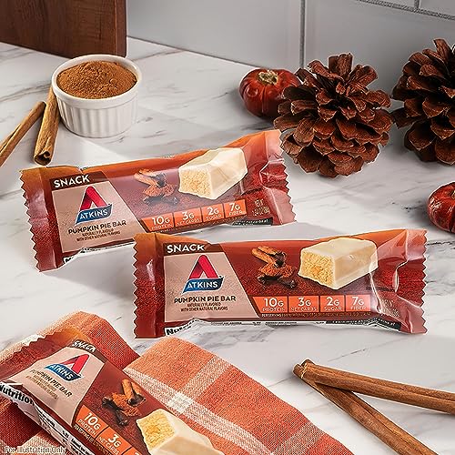 Image of Atkins Pumpkin Pie Snack Bar, 10g Protein, 3g Net Carbs, 5 Count | High Fiber, Great On-the-Go Snack, 2g Sugar, Individually Wrapped, Delicious Pumpkin Flavor