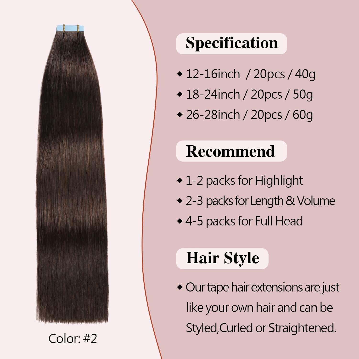 Sunya Tape in Hair Extensions Human Hair Invisible Tape Hair Extensions 16 inch Tape in Hair Extensions Dark Brown Straight Hair Extensions Tape in 40g 20pcs/Pack - Image 2
