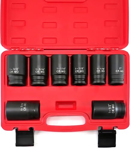 Juego de llaves de impacto profundo de 34 pulgadas, 6 puntos, SAE (1 a 1-12 pulgadas), 8 piezas, Cr-Mo. Juego de llaves de impacto resistente.