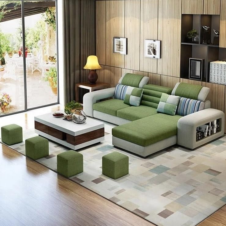 Image of Travis Modern 8 Seater L Shape Sofa Set for Living Room Green & Light Grey RHS | 4 Ottoman with L Shape Sofa | Fabric Sofa 8 Seater for Office Festival Gifts