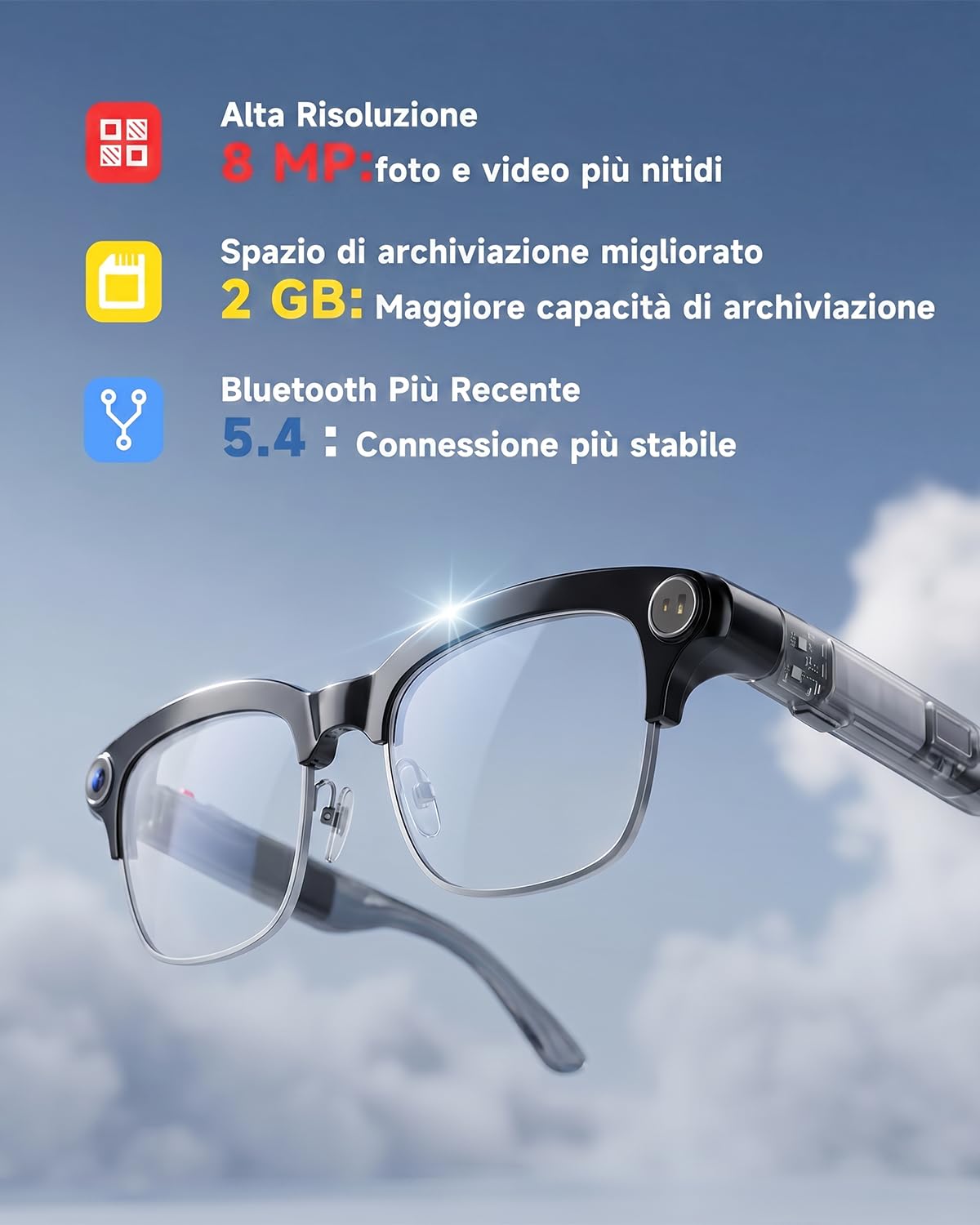 TOOBUR Occhiali intelligenti AI con fotocamera 8MP, video HD 1080P anti-shake, traduzione in tempo reale e assistente vocale, chiamate Bluetooth e audio open-ear per vlogging, viaggi e riunioni
