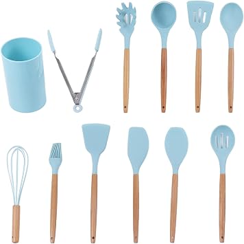 CDQL 12PCS Light Blue Kitchen Utensil Set, Practical Non Stick Cooking Utensils, Comfortable Handle Silicone Kitchenware for Home