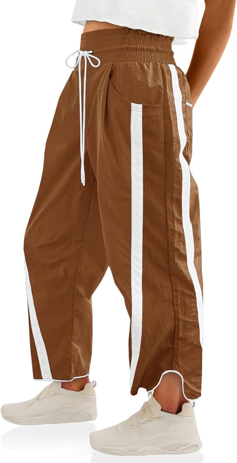 Workout Womens Pants Baggy Wide Leg Casual Elastic Waisted Stripes Track Pockets Y2K Barrel Trendy