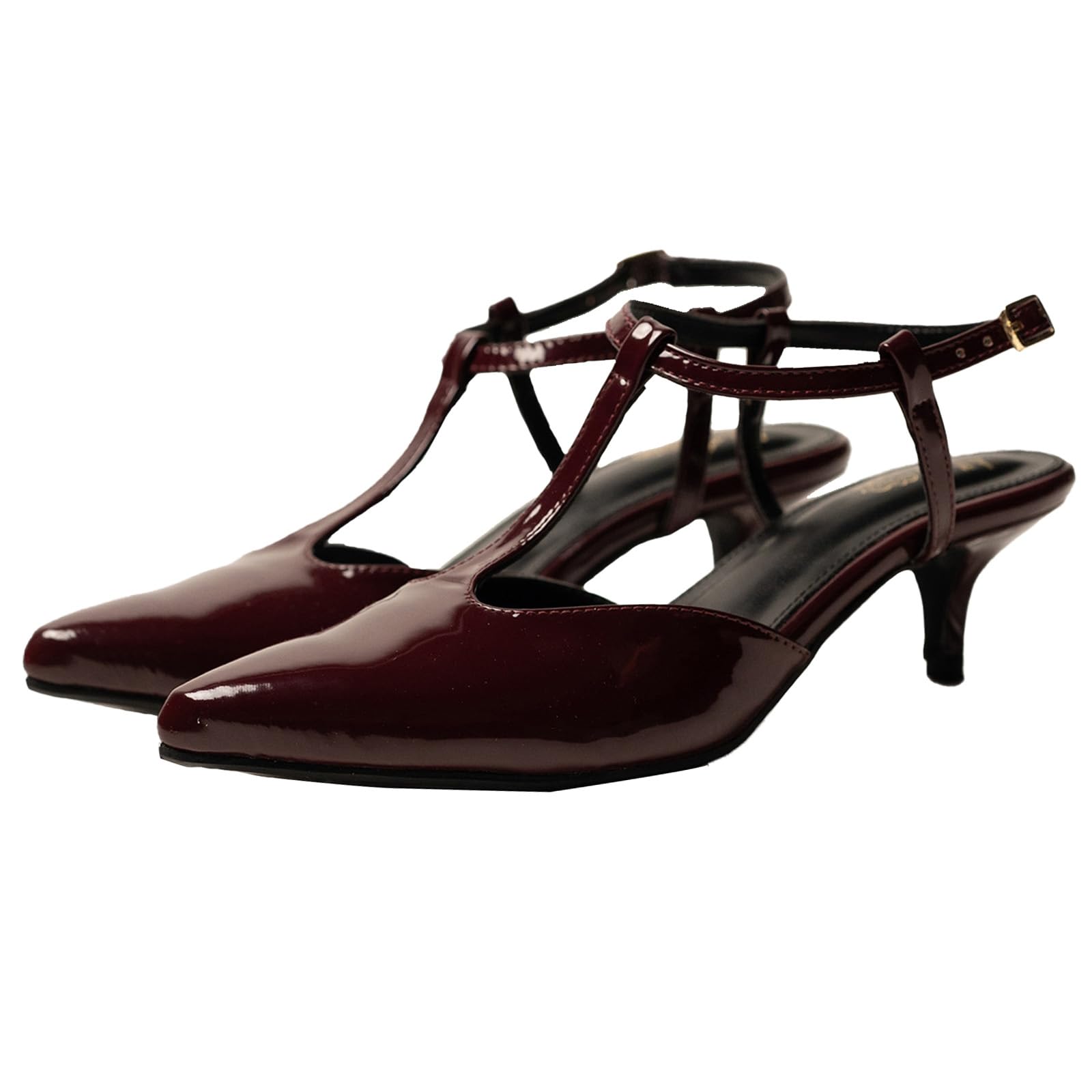 Theater Sedgwick Women Patent Kitten Heels | Pointed Toe T-Strap Sandals with Adjustable Buckle | Stylish & Comfortable for Formal & Office Wear