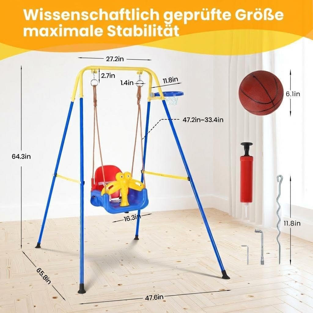 4-in-1 Kinderschaukel Babyschaukel mit Basketballkorb, zusammenklappbar, sicherer Metallrahmen Schaukelgestell, Sicherheitsgurt, Indoor & Outdoor, ab 6 Monaten