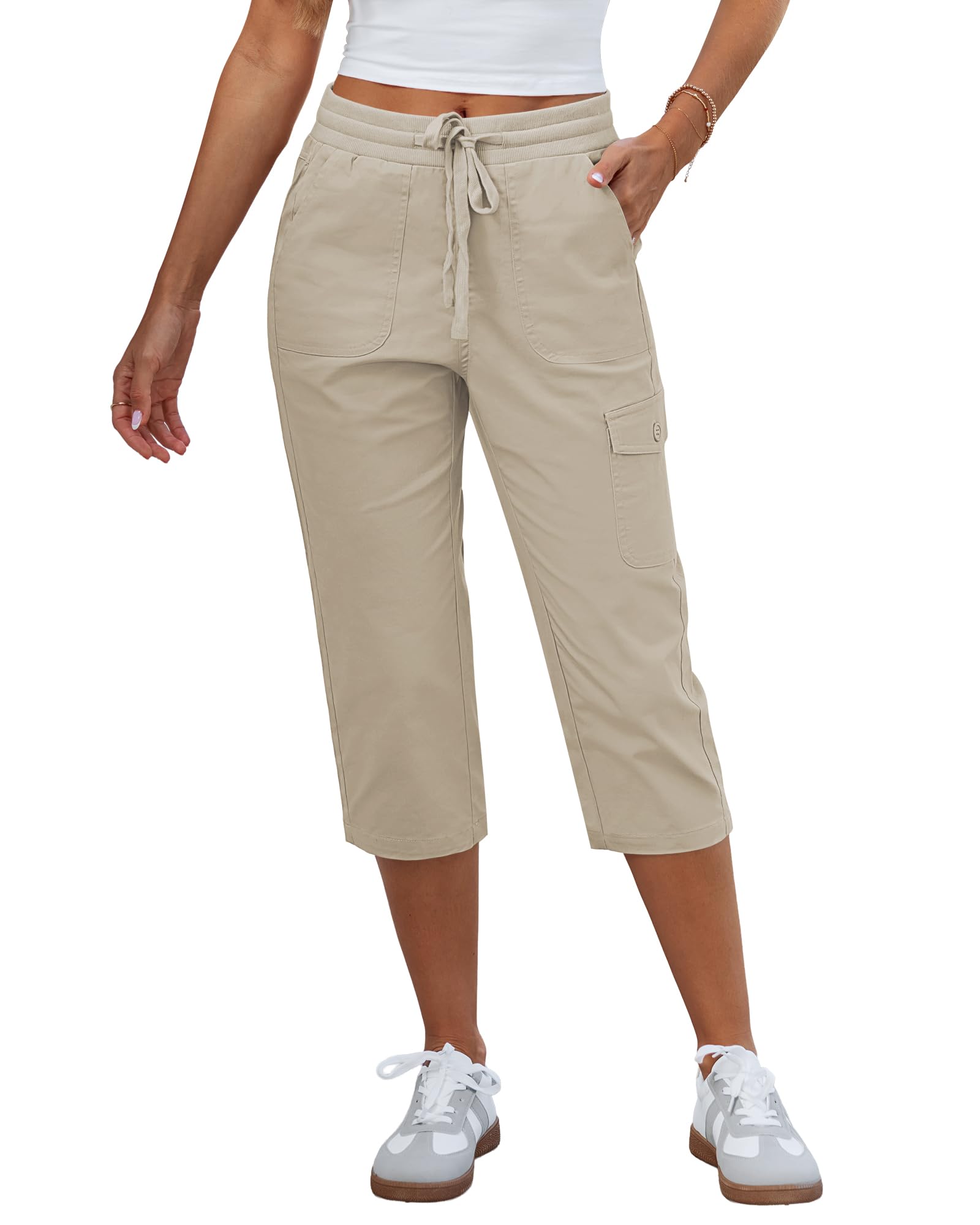 GRAPENT Capri Pants for Women Cargo Elastic Waist Pull On Drawstring Summer Casual Capris Cotton Chino Cropped Pants