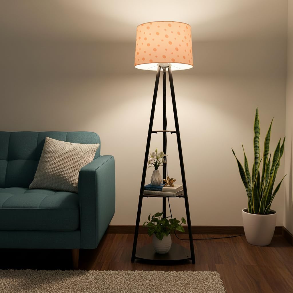 Tripod Metal Floor Lamp with Shelves Stylish Standing Lamp for Living Room Decoration Bedroom Corner Stand Aesthetic Home Decor (Orange Polka Dots) LED Bulb Included-image-6