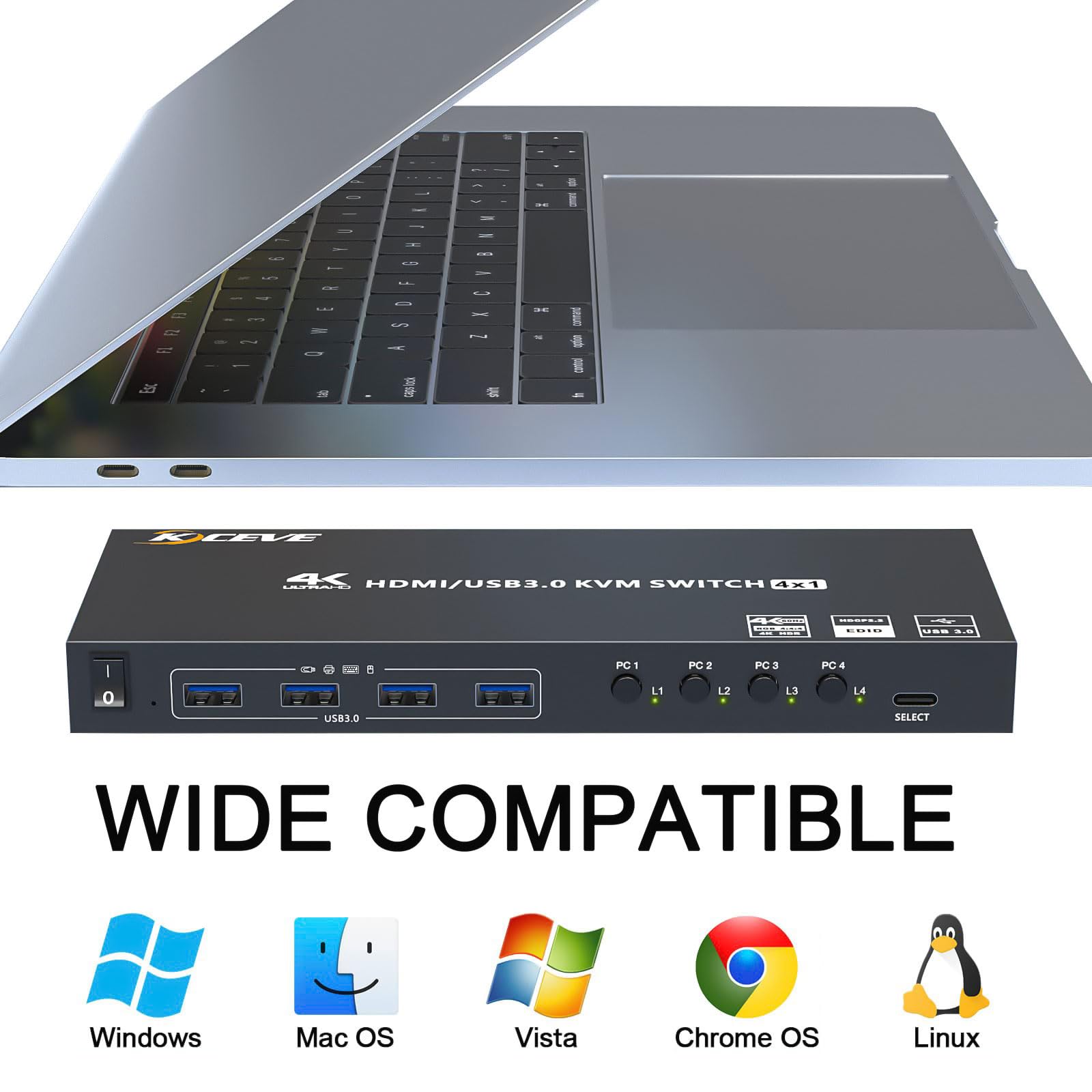 Switch KVM USB 3.0 HDMI 4 PC 1 Monitor, 4K@60Hz symulowane EDID, 4 portowe Przełącznik KVM udostępniające 4 urządzenia USB 3.0 Bezprzewodowa klawiatura z myszką Drukarka, z 5 kablami i Wired Remote