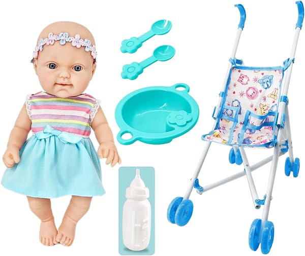 Générique Poussette de Jeu pour poupées avec Accessoires d'alimentation,Bébé Miniature Jeu pour Enfant,Ensemble de poupées de 10 Pouces avec Poussette - 1
