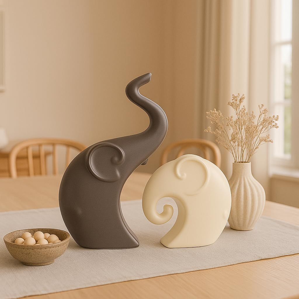 LADROX Lavish Matte Home Décor Elephant Set | Ceramic Figurines - (Set of 2 Piece, Brown Cream) 4