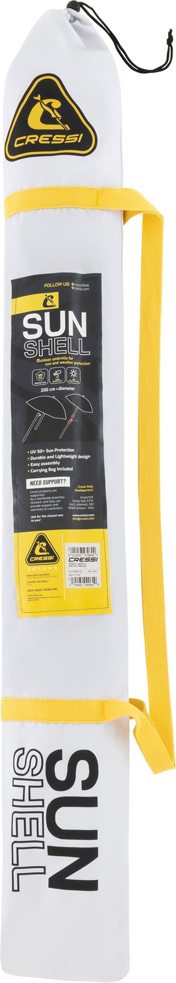 CRESSI Sunshell Umbrella White/Yellow/Black - Lightweight and Portable Outdoor Parasol, for Protection from the Sun and Bad Weather, Ø 200cm, Unisex