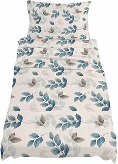 Twin Size Fitted Sheet Set,Watercolor Eucalyptus Leaves Blue Grey Deep Pocket Bed Sheet Fits Mattress Up to 16",Soft Bottom Sheets with Pillowcases and Flat Sheet,Country Botanical Retro Linen