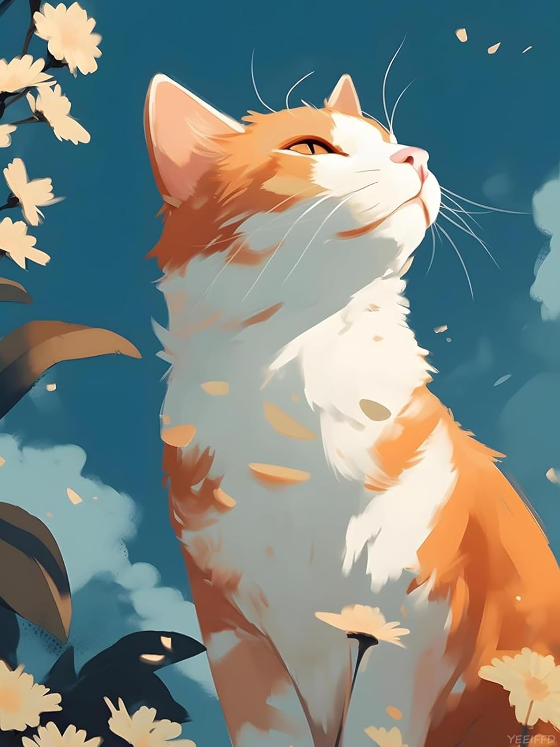 YEEIFFD Animal Diamond Painting Kit for Adults, Orange and White Cat Diamond Painting for Beginners, 5D Round Diamond Gems Art for Wall Room Decor Gift 12x16 inch