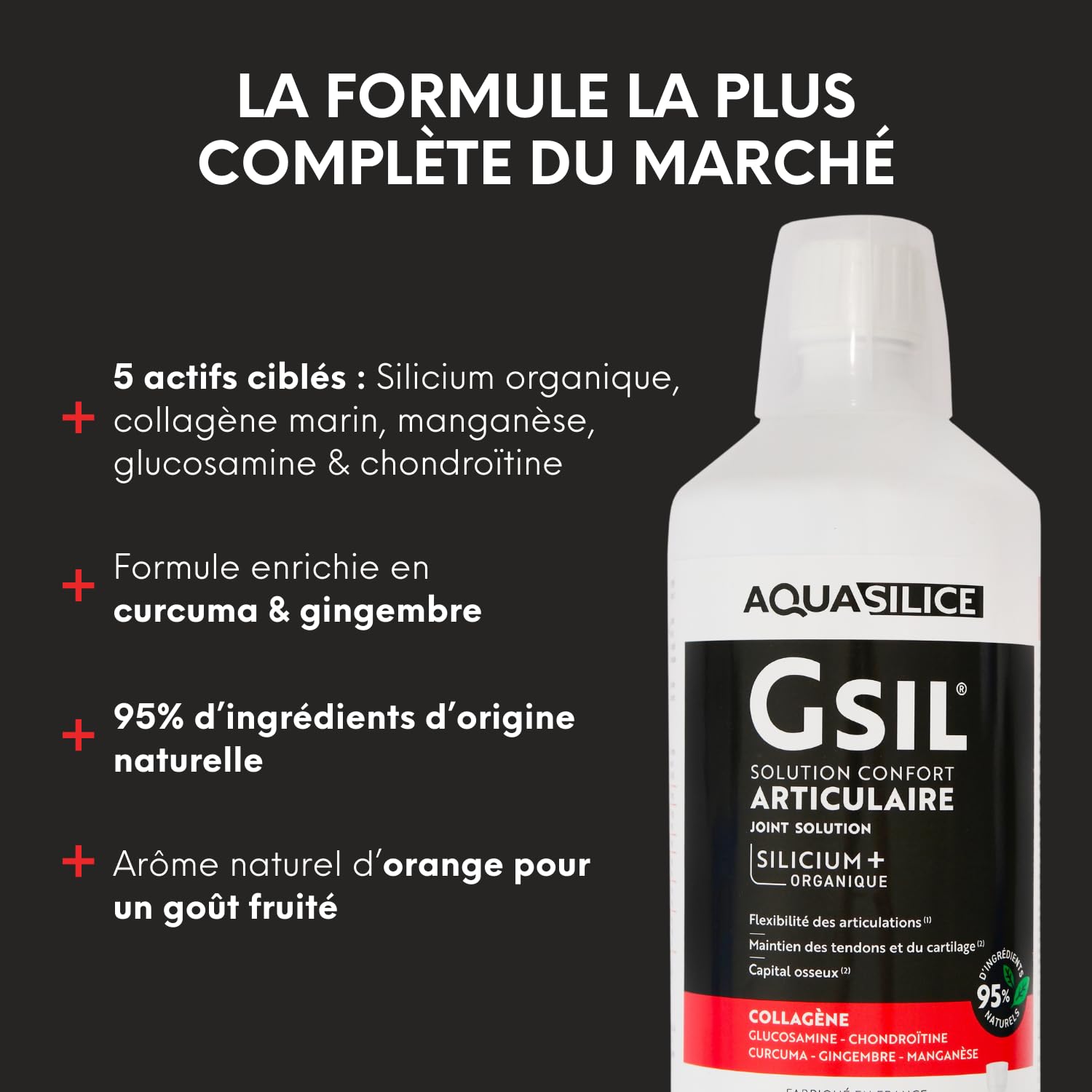 GSIL - Solution Buvable Confort Articulaire 1L - Silicium Organique, Collagène Marin, Curcuma, Glucosamine, Chondroitine & Manganèse - Mobilité, Souplesse & Renfort Osseux - Fabriqué en France