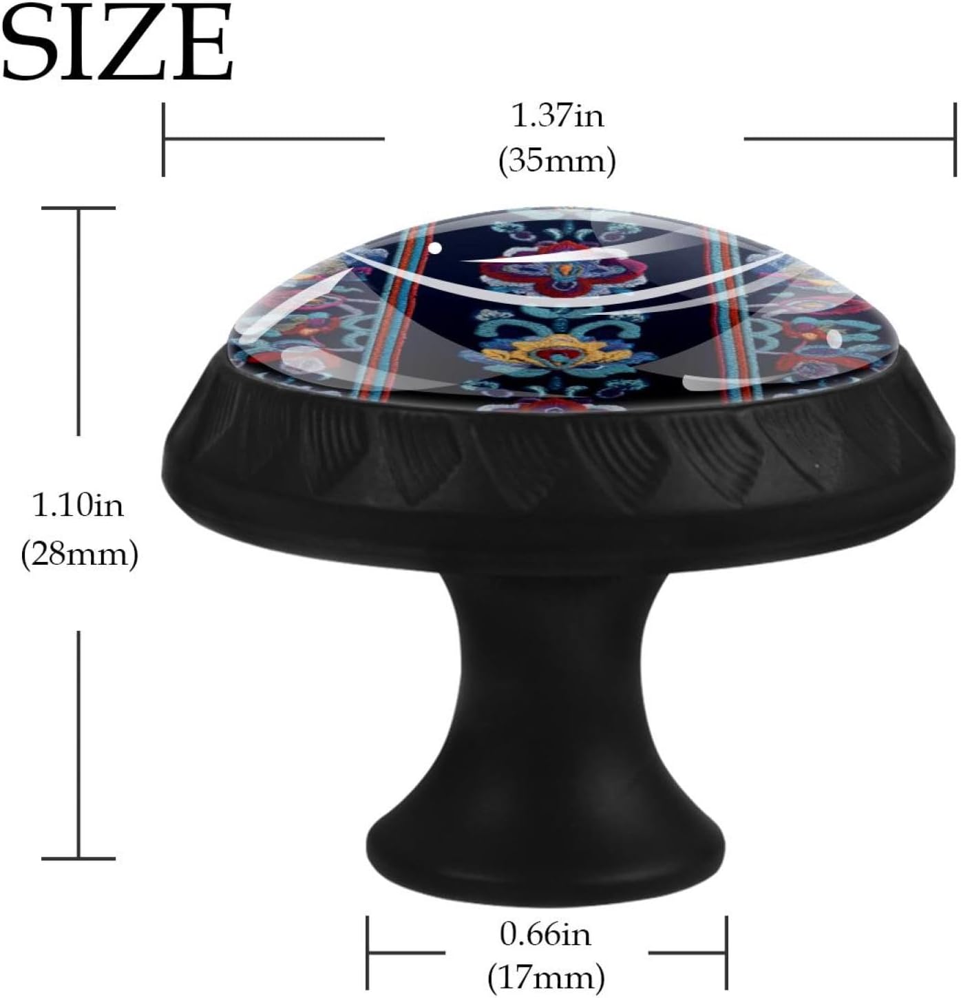 Black Patchwork Boho Paisley Floral (3) Drawer Pulls with Screws, Black Base Glass Knobs with Patchwork Boho Paisley Floral (3) Pattern