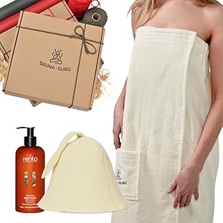 Sauna Geschenkset für Damen – Saunahut & Sauna Kilt Handtuch aus Naturmaterialien mit pflegendem Duschgel – Sauna Zubehör Set für Entspannung, Pflege & Wellness – Geschenk für Sie