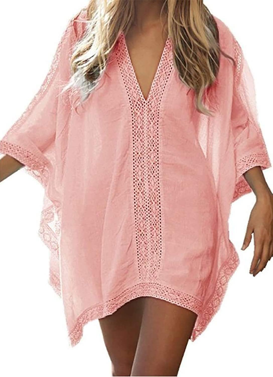 Women's Loose Pure Beach Bikini Swimwear Cover Up Croche Dress, Pink, One size