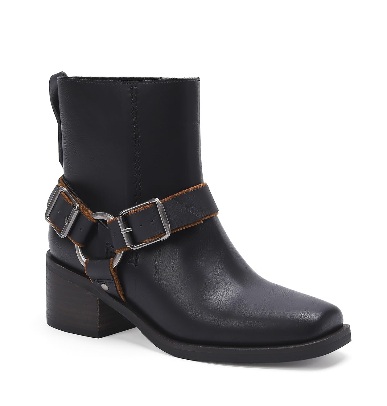 Womens Ankle Boots Motorcycle Boots Western Buckles Boots Stacked Heel Booties Square Toe Boots Fashion Riding Biker Boots