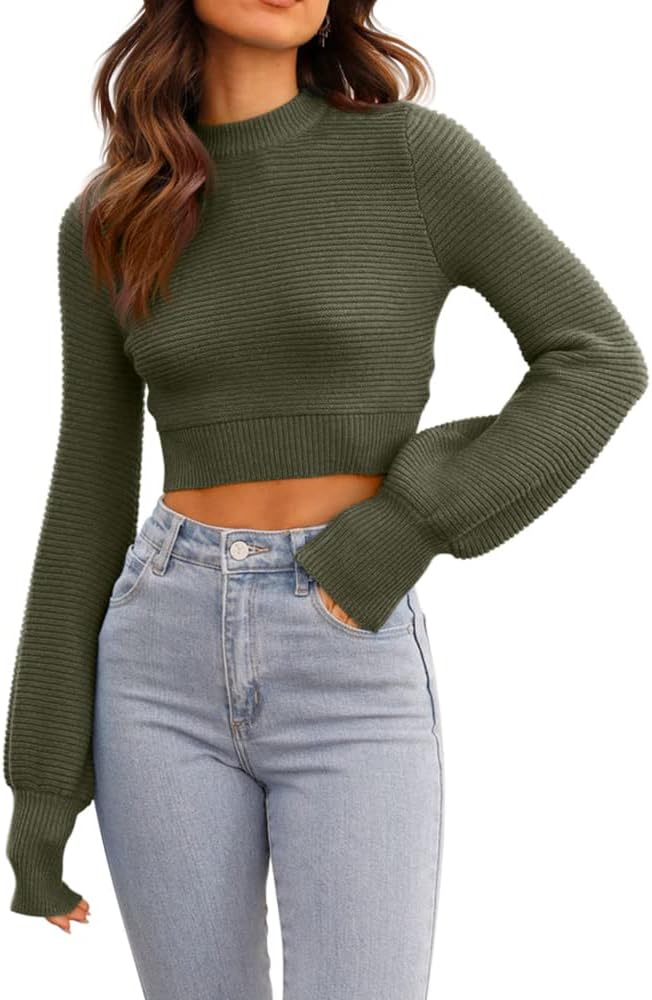GeGekoko Womens Sexy Crew Neck Cropped Sweaters Ribbed Knit Long Sleeve Crop Tops Pullover - Image 2