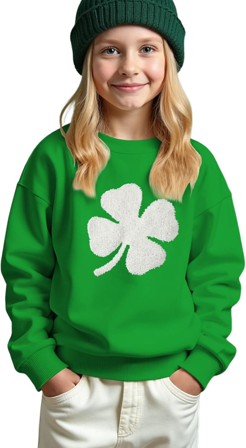 BOUTIKOME Kid Boy Girl St Patricks Day Sweatshirts Embroidered Clover Shirt Long Sleeve Pullover Chenille Patch Top Clothes