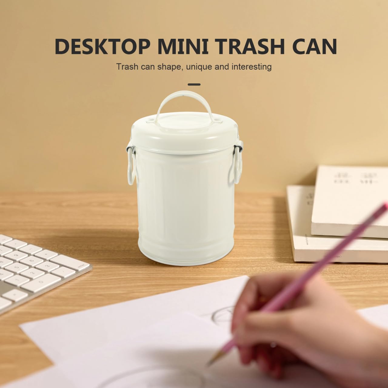 KOMBIUDA Desktop Trash Can Desktop Wastebasket Counter Garbage Bin Trash Container Mini Dumpster Car Trash Can Bags Tabletop Iron Pencil Office Storage Barrel White