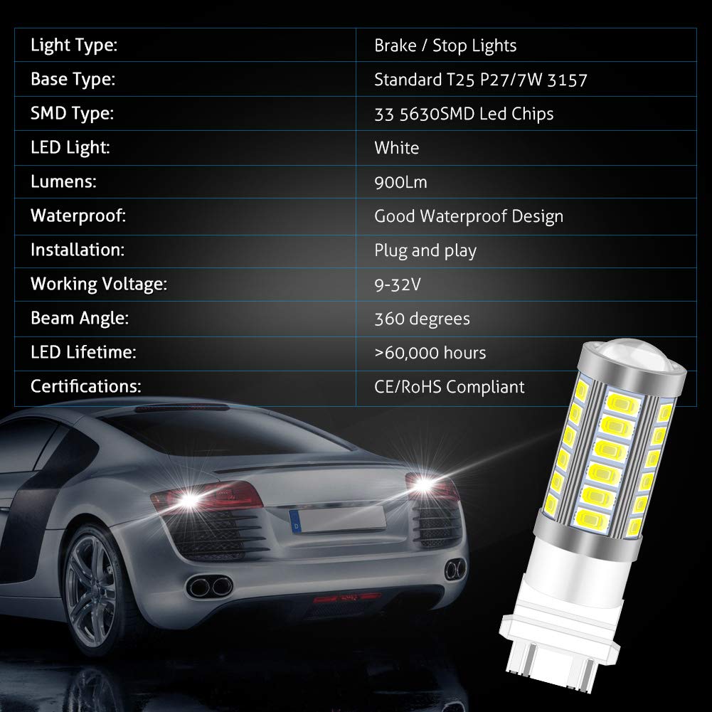 KATUR Lot De 2 Ampoules LED 3157 3047 3057 3155 5630 33-SMD Blanc 900 Lumens 8000K – Feux Stop, Clignotants, Marche Arrière 12V Ultra Puissantes