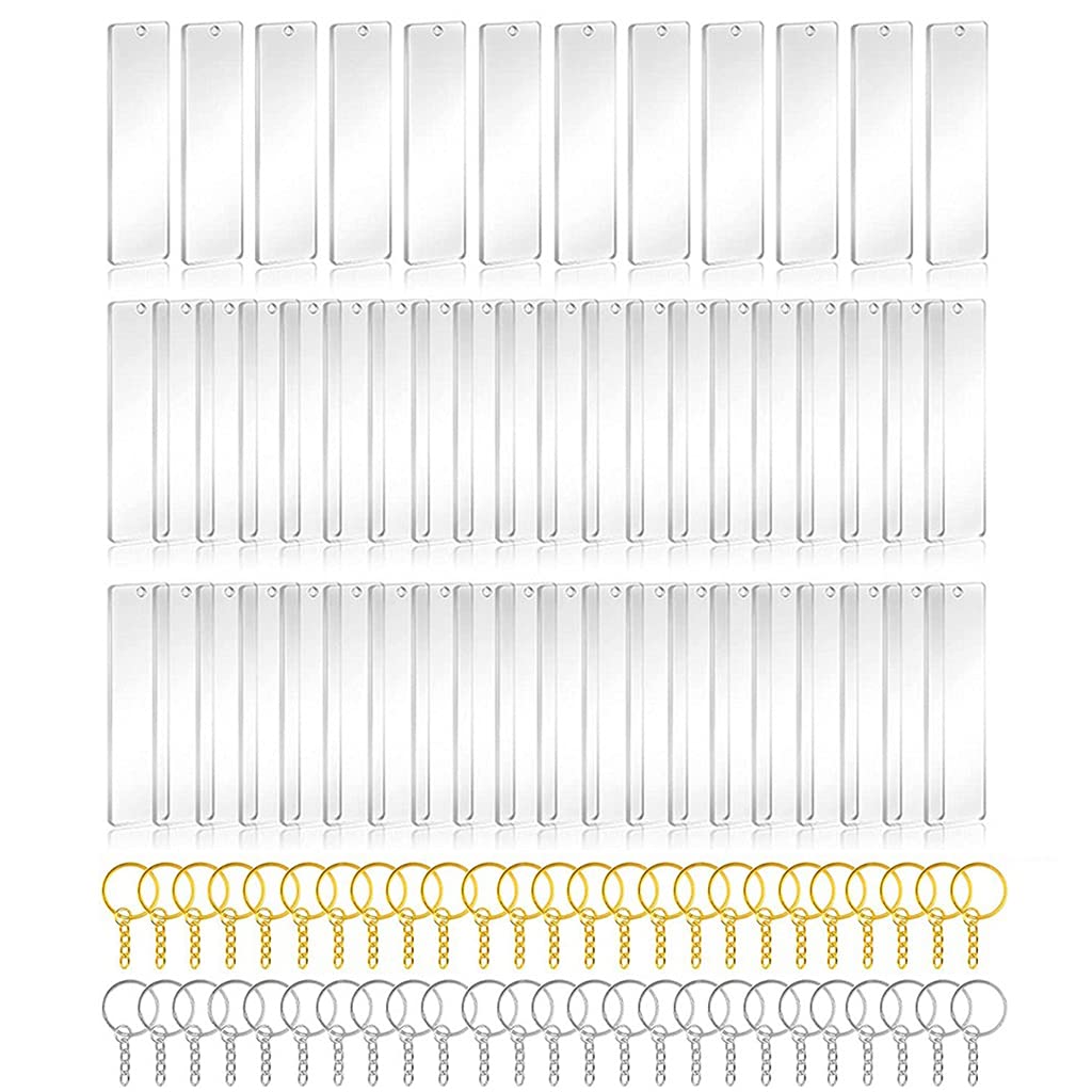 NEWFT 50Pcs Acrylic Keychain Blanks with Rings Clear for Chains Rectangle Acrylic Blanks for Crafting Projects