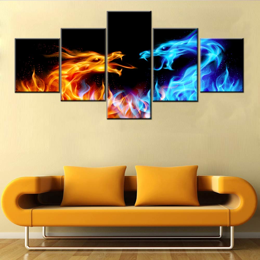 House Decorations Living Room Abstract Fiery Dragons Paintings Fire Flame Pictures Medieval Fantasy Artwork Giclee 5 Panel Prints Wall Art on Canvas Framed Stretched Ready to Hang Gift(50''Wx24''H)