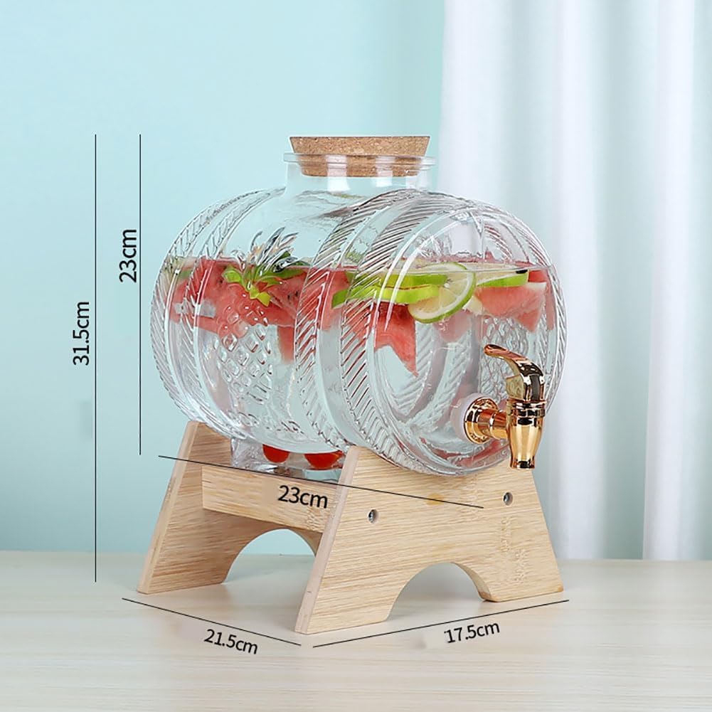 Dispensador de bebidas de vidrio 1L/3L/5L Dispensadores de bebidas heladas con grifo y soporte de madera, dispensador de bebidas Dispensador de bebidas frías para barbacoa, picnic, fiesta en la piscin