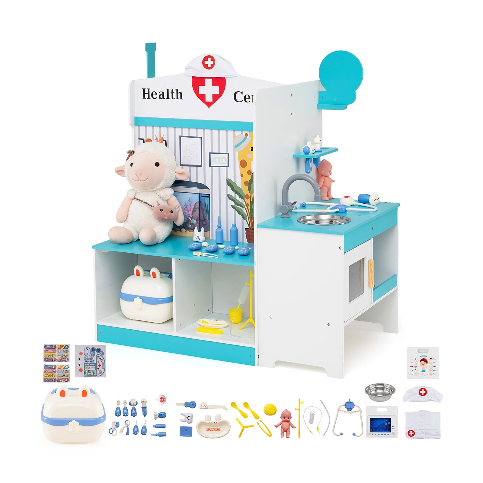 COSTWAY Kit Dottoressa Bambini a Tre Facce, Centro Medico Giocattolo in Legno con Monitor ECG, Rubinetto e 27 Accessori, Luci e Suoni, Regalo Bambini 3-6 Anni, 93 x 54,5 x 98,5 cm