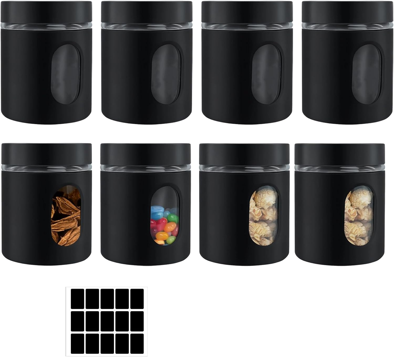8 Pcs Kitchen Canisters Set 20 oz Coffee Candy Jars Tea Organizer Black Food Storage Container with Window Glass Airtight Stainless Steel Canister for Spice Flour Cookies Sugar