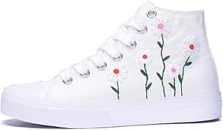 Women High-Top Fashion Sneakers with Floral Embroidery Birthday Gift Wedding Shoes for Bride White Canvas Tennis Walking Shoes