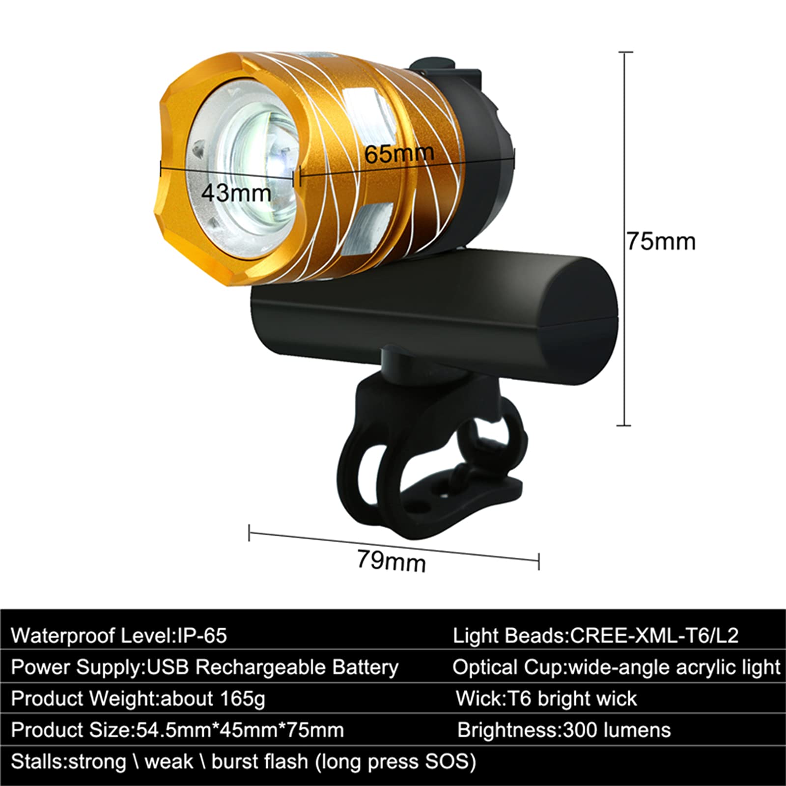 Lumière de Vélo Zoomable 4 Modes Phare Large USB Rechargeable Lampe Avant Étanche Feux Arrière Lumière de Vélo