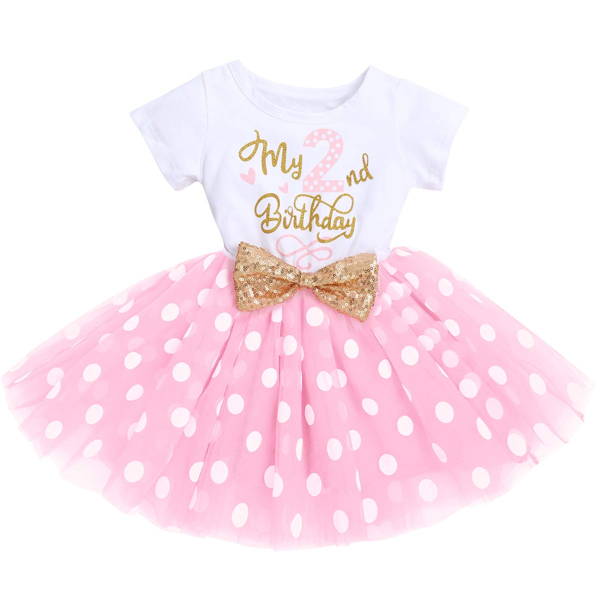 Toddler Baby Girls My 2nd Birthday Outfits Polka Dot Cake Smash Dress Two Years Old Short Sleeve Romper Shirt Ruffle Shiny Sequin Bow Tulle Tutu Skirt Letter Print Bodysuit 2PCS Clothes Set Pink 2nd 2