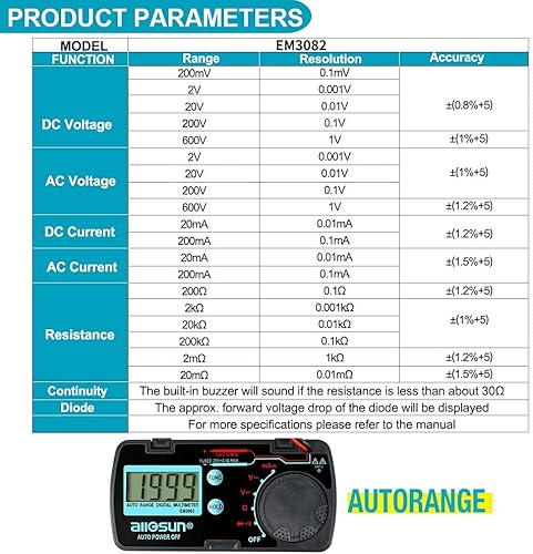 Miniatura 7 de allsun Mini rango automático plegable multímetro digital probador automotriz AC DC Volt AMP Ohm LCD Voltímetro de viaje Amperímetro probador de