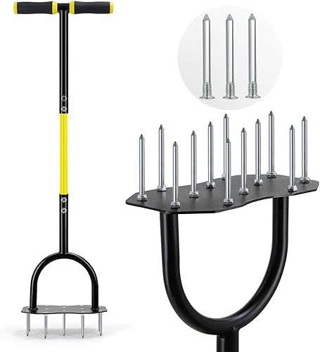 Jardineer Aireador de césped, aireador de césped de metal actualizado de 36 pulgadas con picos más largos, aireador manual premontado para aireación