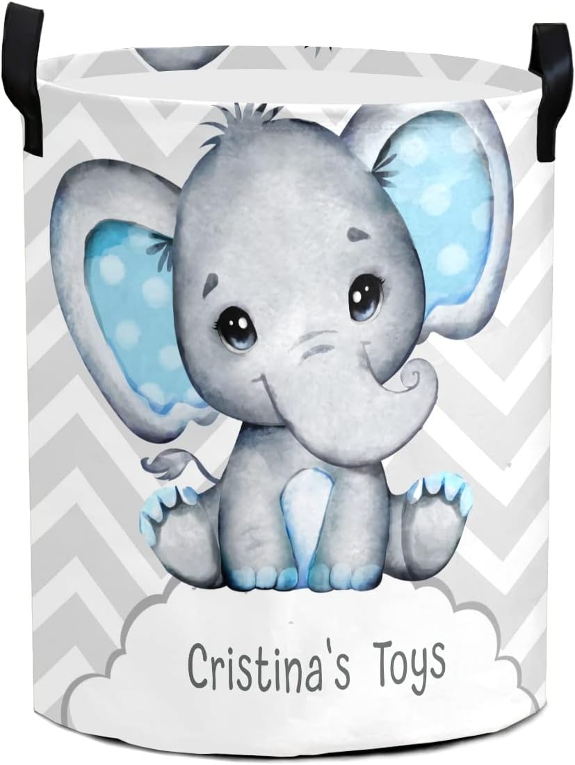 Personalized Laundry Basket, Elephant Custom Storage Bins Laundry Hamper with Name Collapsible Toys Organizer