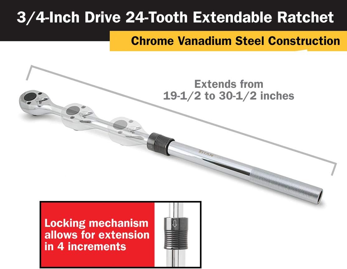 Flash Deals - 60% OFF Titan 12072 3/4-Inch Drive x 19-1/2 to 30-1/2-Inch 24-Tooth Extendable Ratchet Holiday Deals 🛒 Titan 12072 3/4-Inch Drive x 19-1/2 to 30-1/2-Inch 24-Tooth Extendable Ratchet