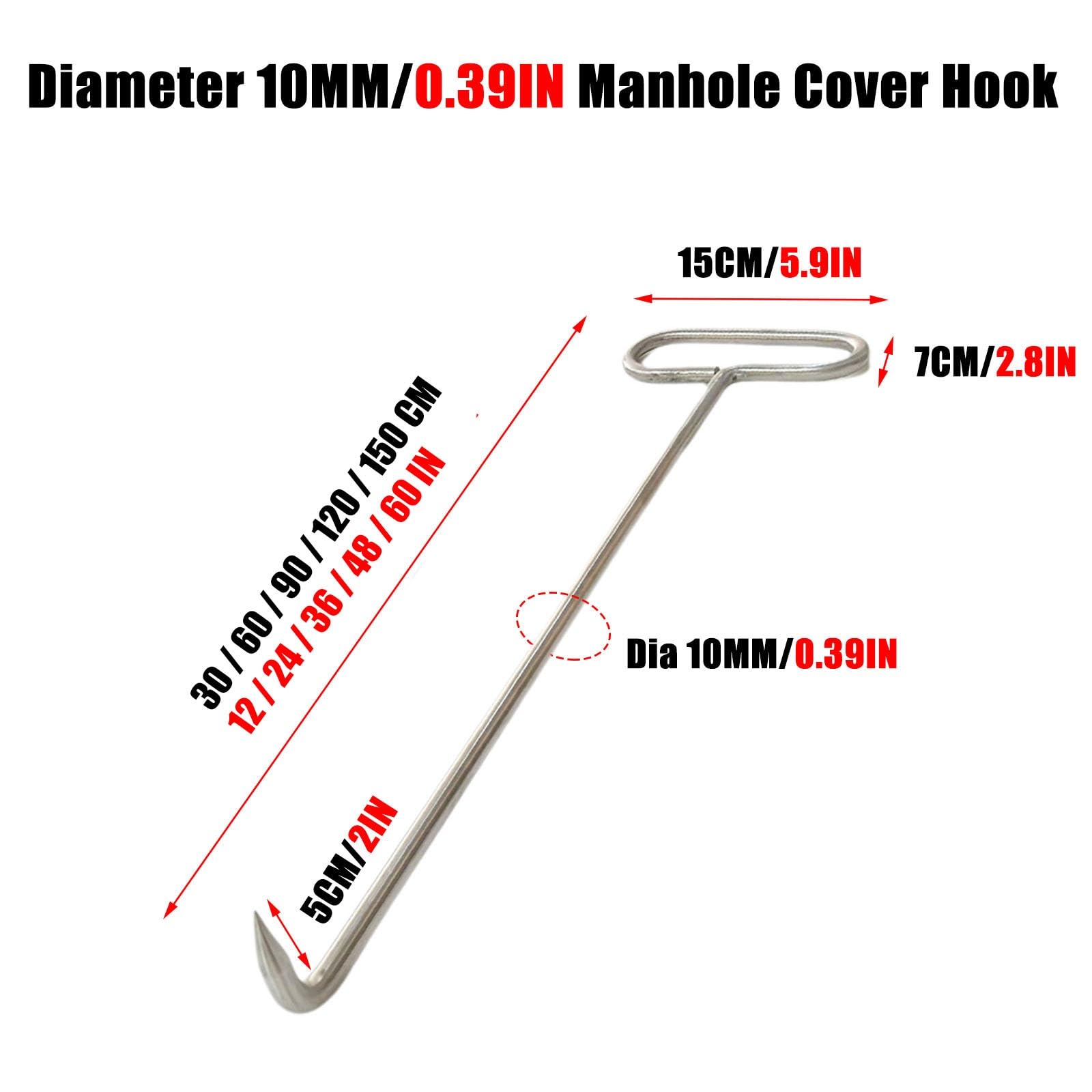 LZMZMQ Oval Handle Manhole Cover Hook, Stainless Steels Manhole Pullers 30 60 90 120 150 CM Handy Hook Lifting Tool for Septic Tanks/Warehouse/Riser Covers/Faucet Covers(8pcs,L 30CM/12IN)