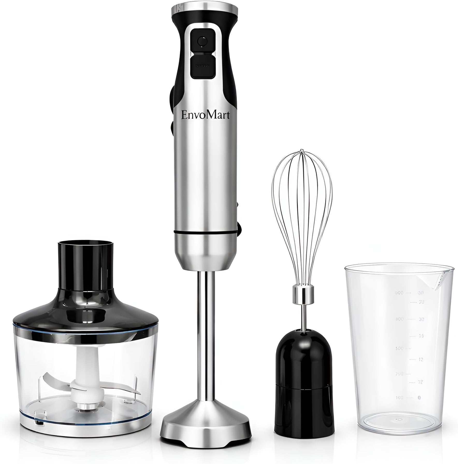 800W 4-in-1 Powerful Hand Blender Immersion Stick Mixer with Stainless Steel Titanium Coated Blade,2 Speed Control 860ml Chopper Bowl 600ml Beaker Whisk Electric Smoothie Soup Baby Food Maker