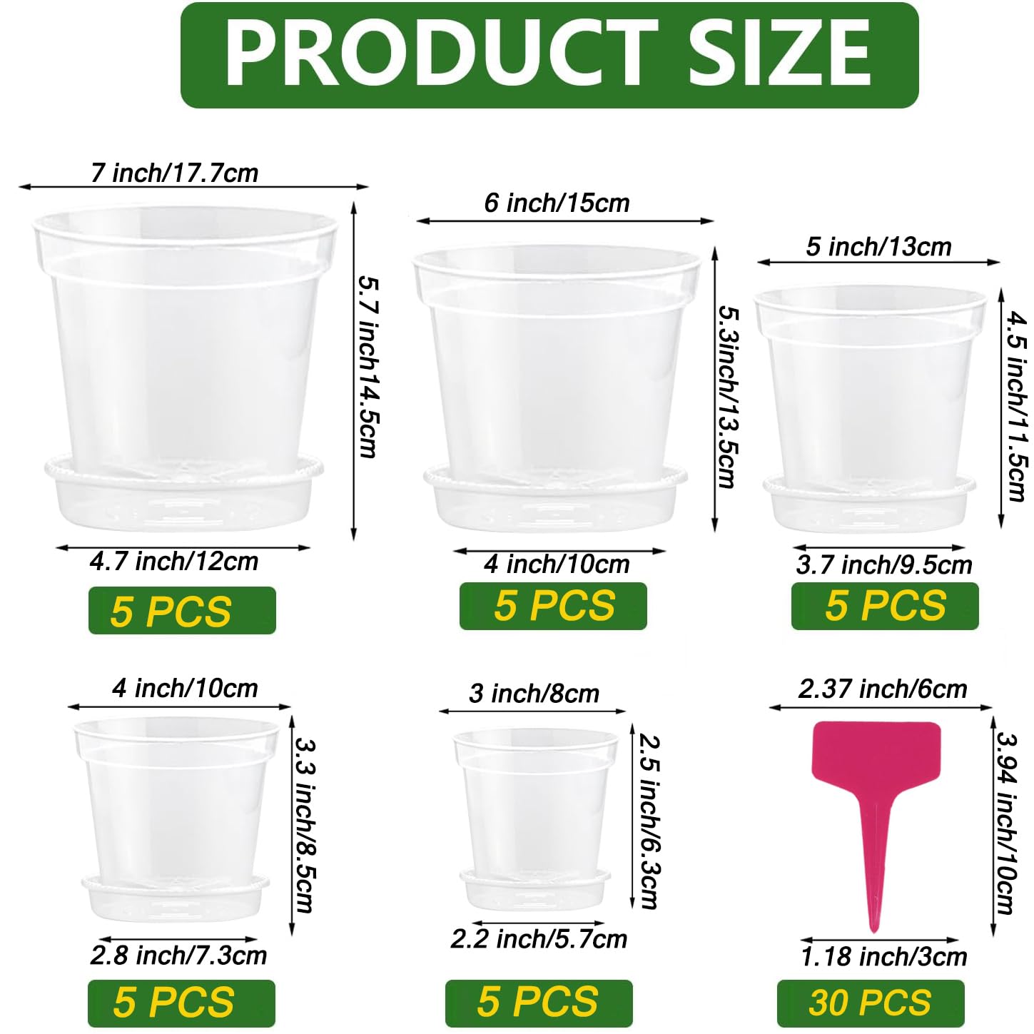 Lot de 25 pots de fleurs de jardin en plastique transparent avec plateaux de drainage, pots de pépinière avec trous de drainage pour la propagation des légumes, plantes grasses, fleurs, comprend