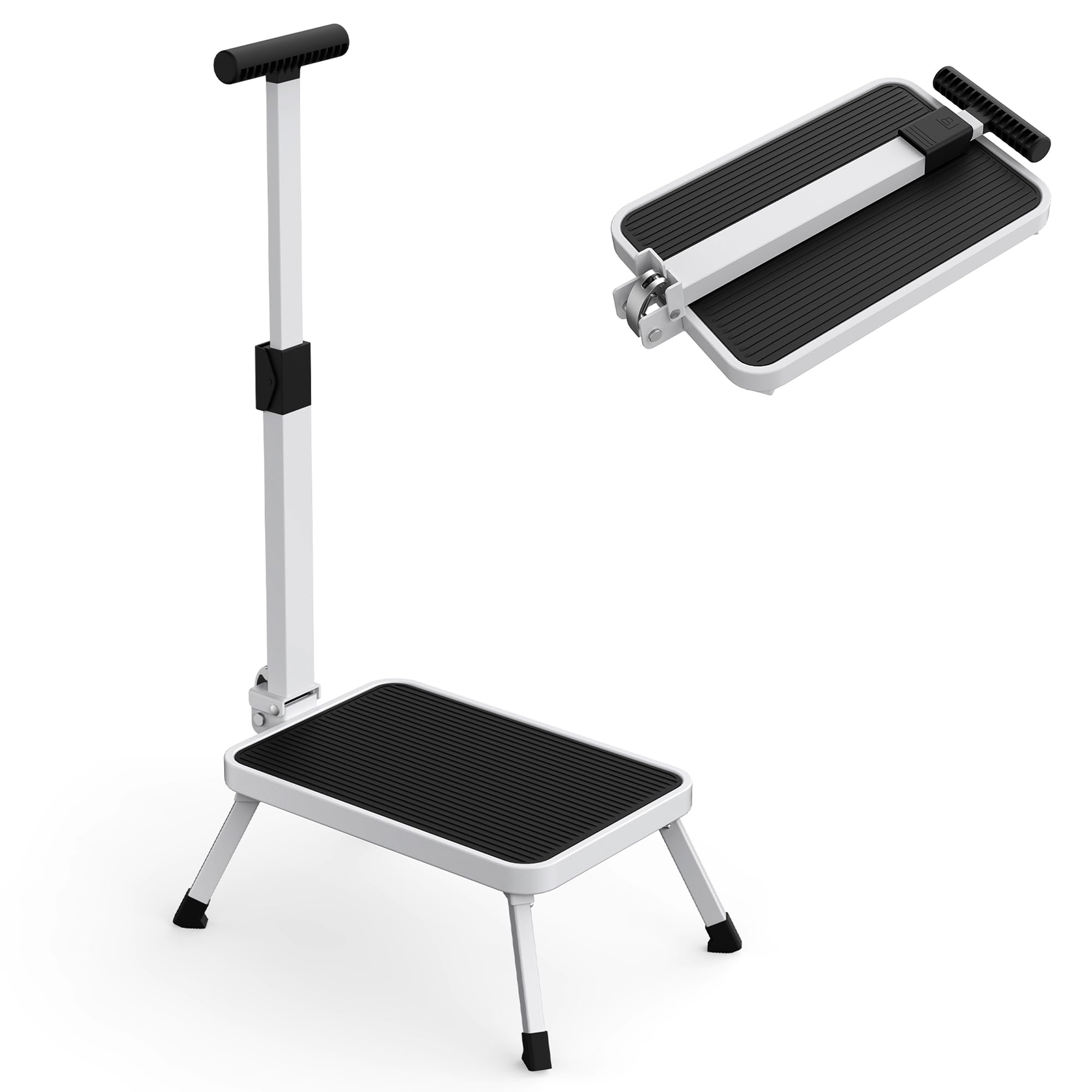 FISHTEC - Marchepied Sécurity + avec Barre D'appui - Grande Plateforme Antidérapante 38 x 26 cm - Pliage Ultra Plat - Hauteur 17 cm - Structure Acier Stable - Salle De Bain Cuisine Placard
