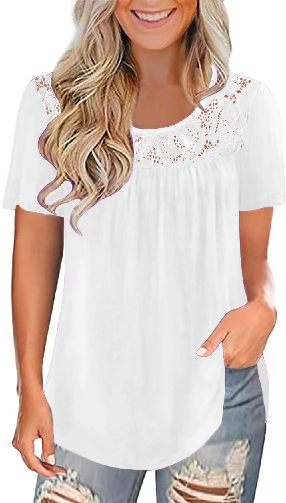 RainoopWomens Summer Plus Size Tops Blouses Short Sleeve Shirts Lace Pleated Tunic Tops M-4XL