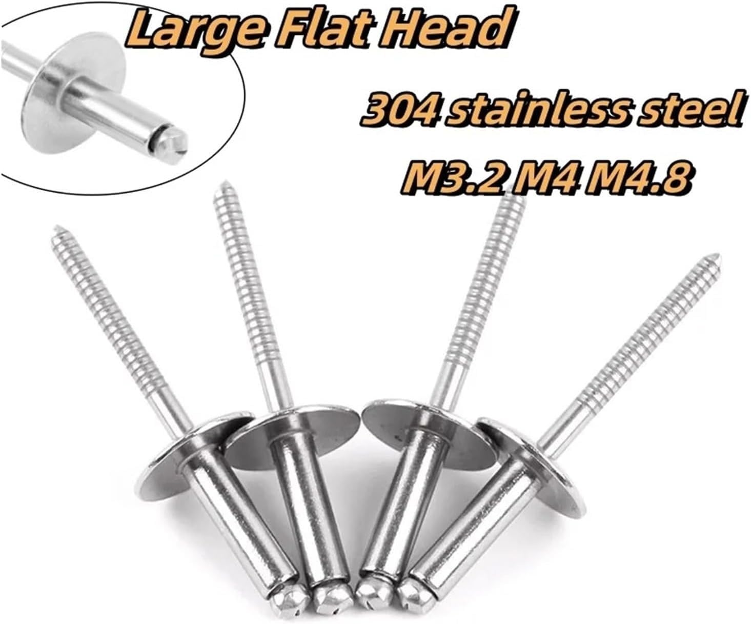 Remaches ciegos, remaches ciegos Cúpula de cabeza plana grande de acero inoxidable 304 M3.2 M4 M4.8(Silver 10mm,M3.2 20pcs)