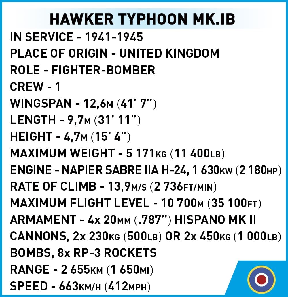 COBI Historical Collection WWII Hawker Typhoon Mk.IB Aircraft Building Set, 190 Pieces