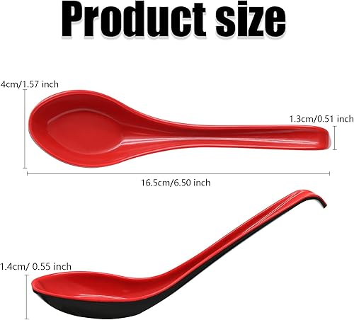 Miniatura 2 de 2 cucharas de sopa Wonton, cucharas de sopa de sopa, cucharas de sopa de soba de fideos de arroz chino japonés miso ramen, cucharas de melamina roja