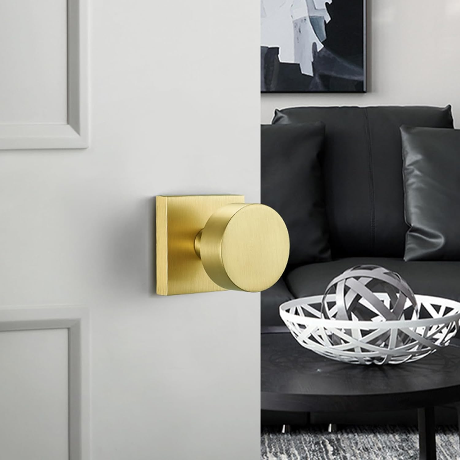 Gold Door Knobs,Passage Modern Satin Brass Door Handles Square Rosette for Interior Hallway Closet