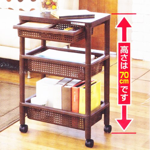 不動技研 ウッドテーブルワゴン WTW-3HS ブラウン 引き出しバスケット付き 木製フラット天板 キャスター付き 約幅45.5×奥行29.5×高さ70cm F2491 日本製 [4]